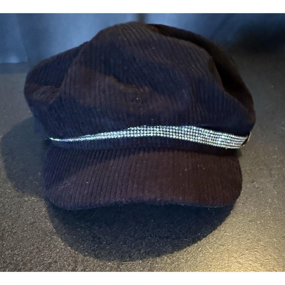 Marcus Adler Women’s Cabbie Newsboy Cap Embellished Black Corduroy Glam Y2K